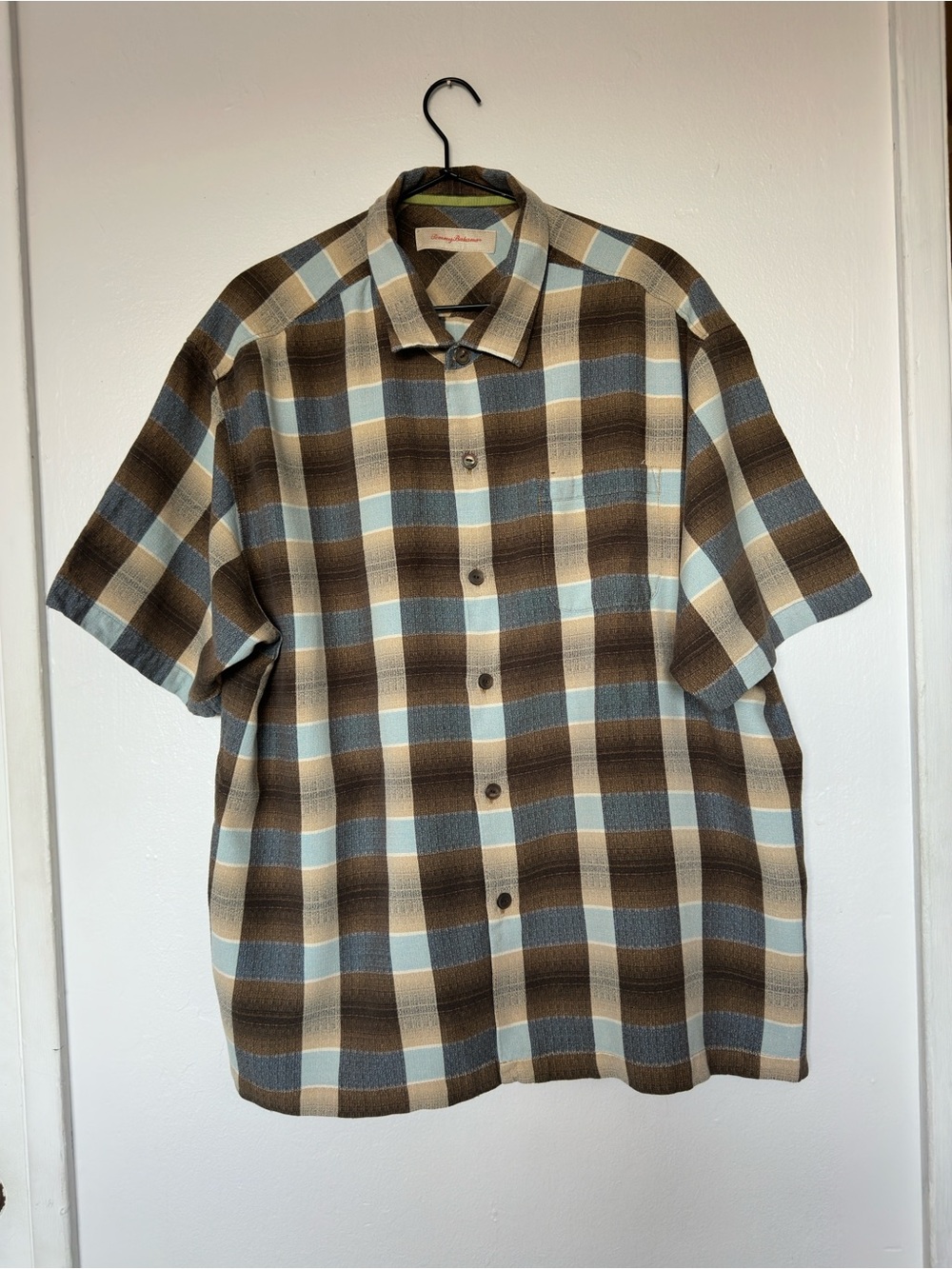 Tommy Bahama Brown Plaid Short-Sleeve Button-Down Silk Shirt Size XL